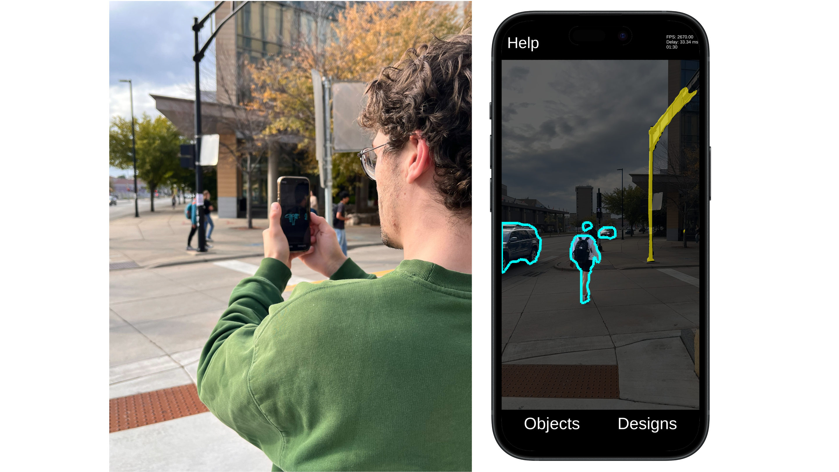 Two panels showing NavSight in use. Left: a person standing at a street corner, seen from behind, holding up a phone to scan the intersection ahead. Right: the phone screen, where the background is darkened and navigation-relevant objects are highlighted. A parked SUV, a pedestrian with a backpack, and a distant car are outlined in cyan, and a traffic signal pole is filled in yellow, so they stand out against the dimmed street scene.