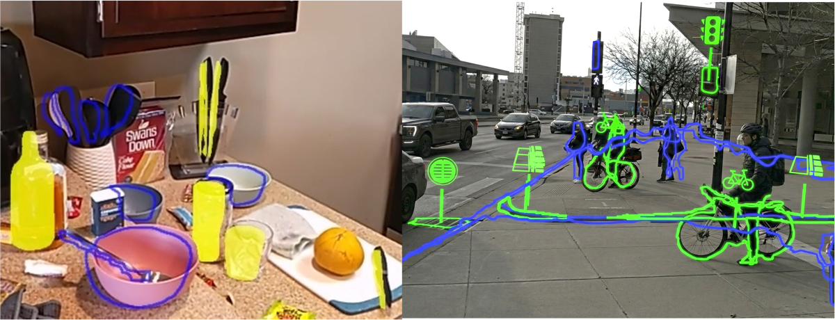 SceneGlance augmenting two cluttered scenes for low-vision users. Left: a kitchen counter where knives and a glass carry yellow solid overlays while utensils and bowls are outlined in blue. Right: a busy street where bicycles, traffic and pedestrian signals, and a curb drain are outlined in green with floating icon labels, and the sidewalk and other objects are outlined in blue.